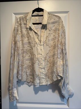 Free People Cream and Light Blue Floral Button-Up Top
